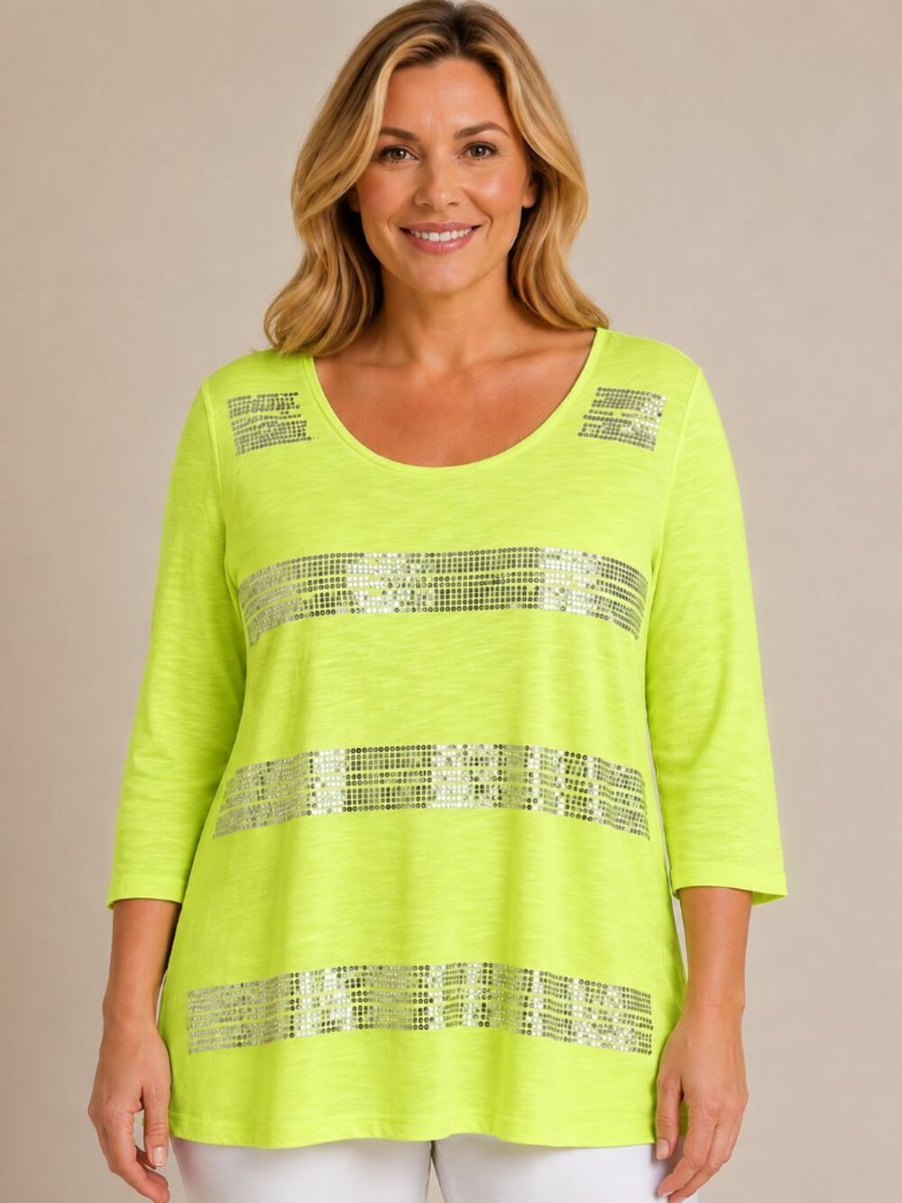 CHICO'S Tunic HiLo Lemon Lime w/Silver Shiny Stripes  NWOT 3